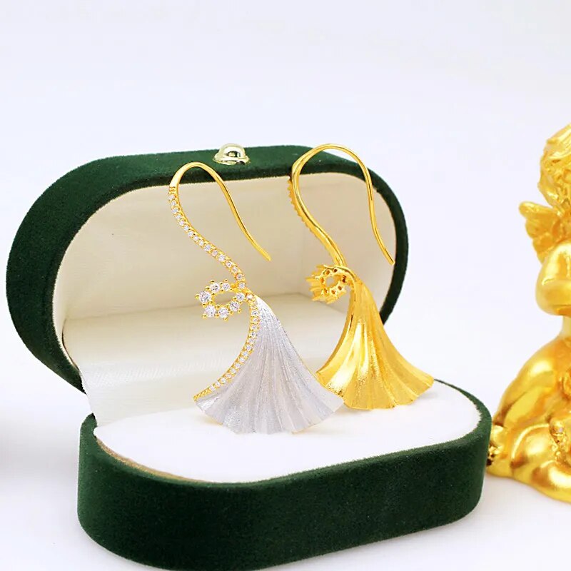 925 Sterling Silver Gold Plated Brushed Ginkgo Leaf Earrings for Women