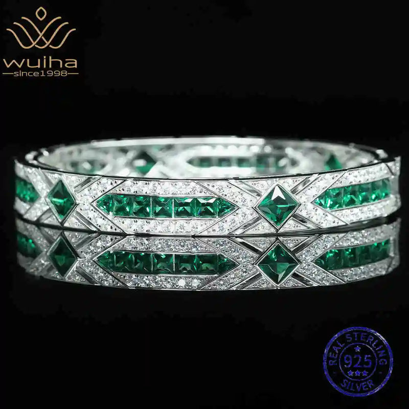 925 Sterling Silver Princess Cut Emerald High Carbon Diamonds Gemstones Bracelet