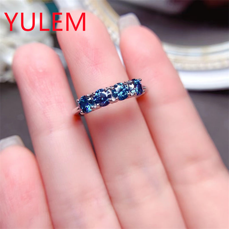 925 Sterling Silver Blue Moissanite Band Ring for Women