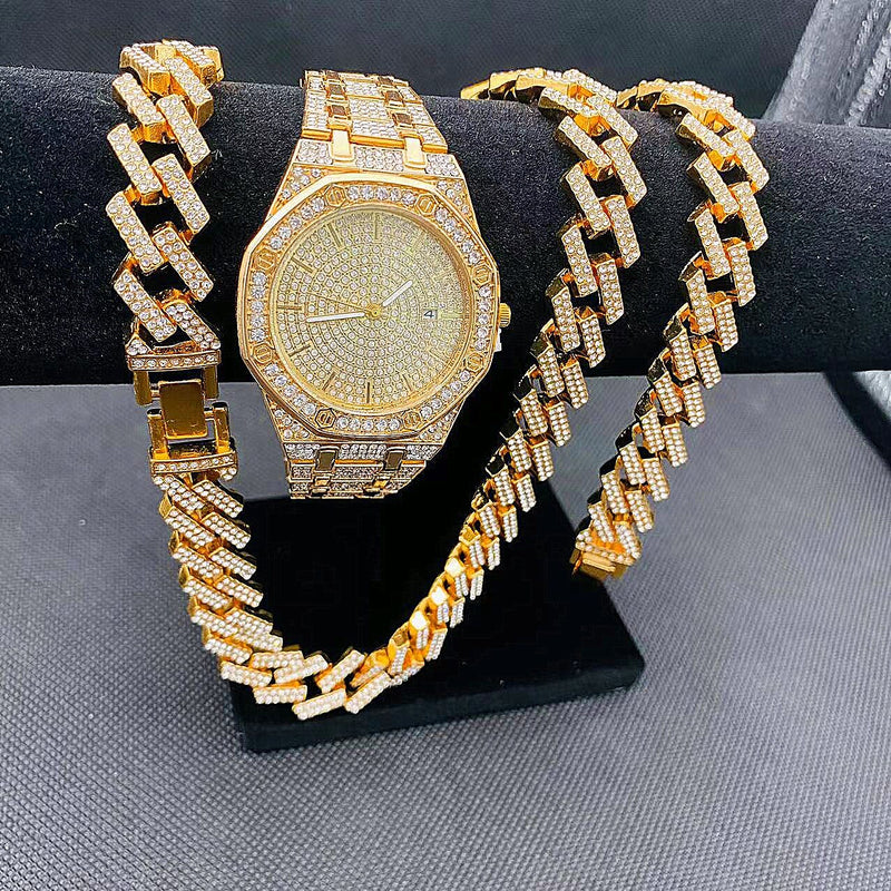 14k Gold Iced Out Diamond Wrist Watch and Chain Set for Men