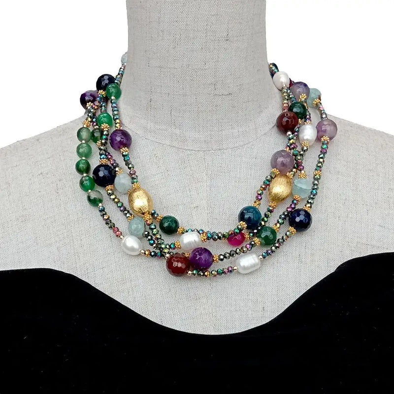 Sterling Silver Cultured White Pearls & Multi Color Agate Choker Necklace for Women