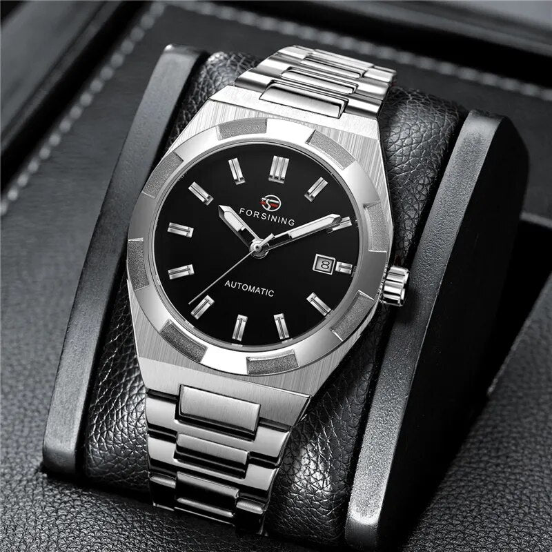 Stainless Steel Black Silver Automatic Watch for Men