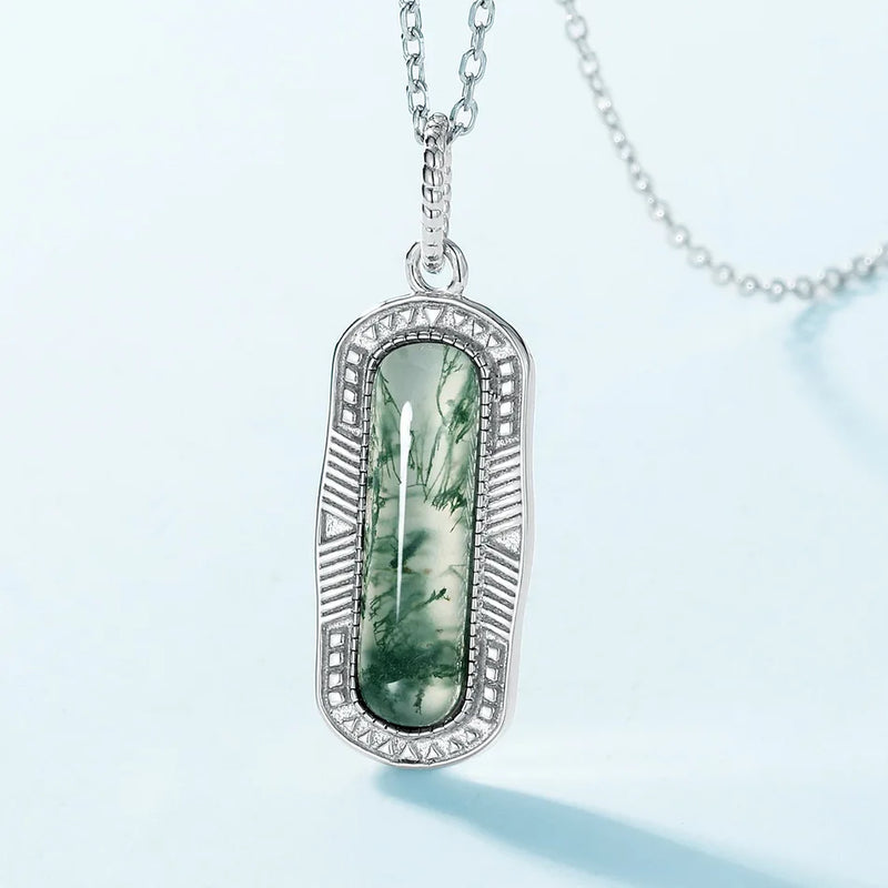 Silver Moss Agate Pendant Necklace for Women