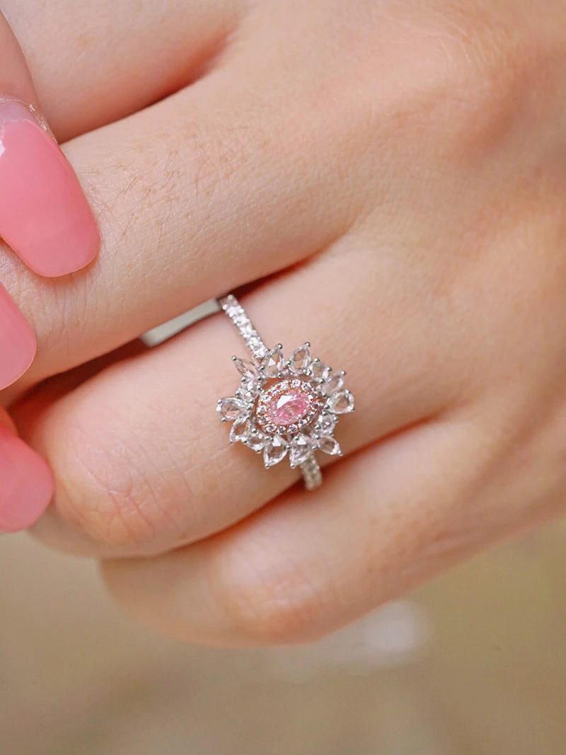 18K White Gold Pink Diamond Sunflower Ring for Women