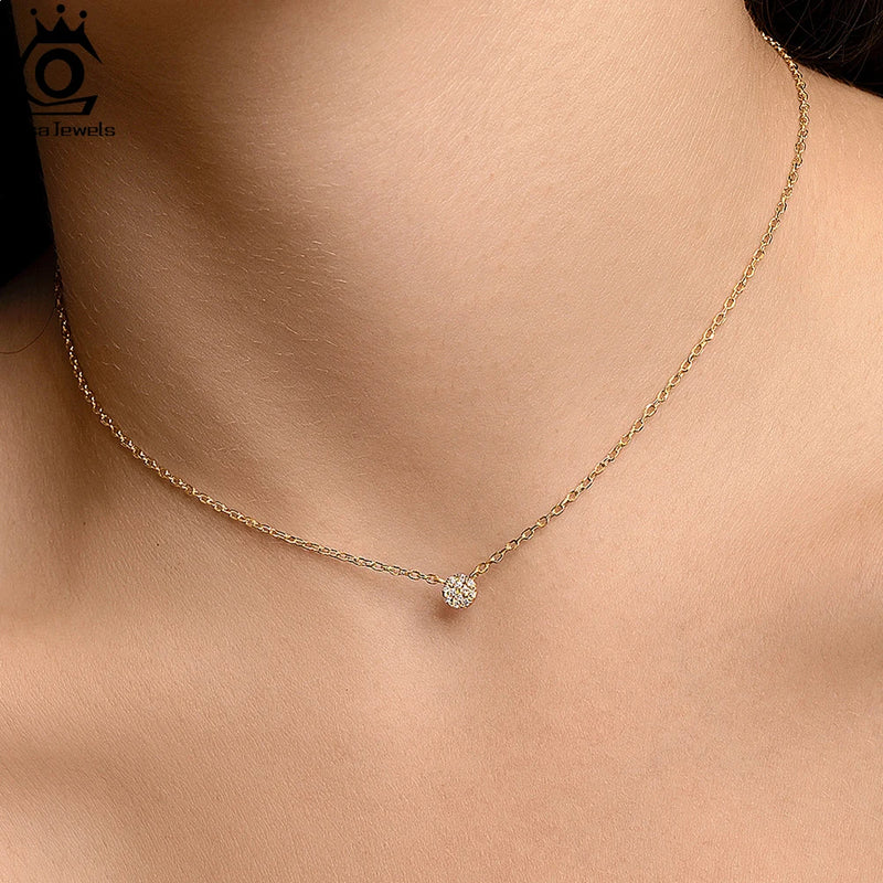 925 Sterling Silver Round Clear CZ Pendant Necklace Choker Chain for Women