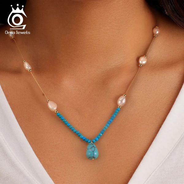 Sterling Silver Turquoise and Pearl Choker Necklace for Women