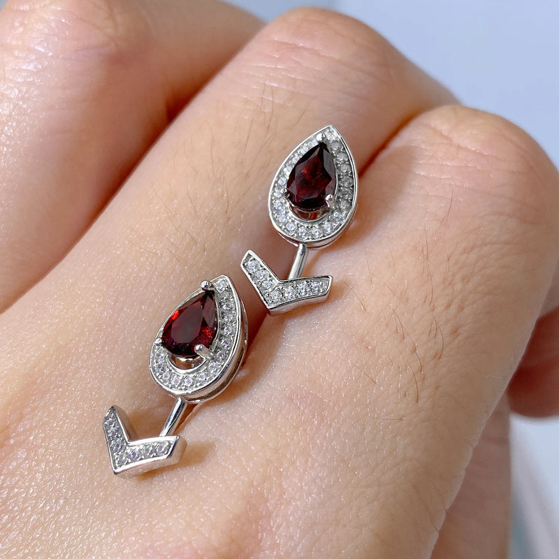 925 Sterling Silver Water Drop Garnet Stud Earrings for Women