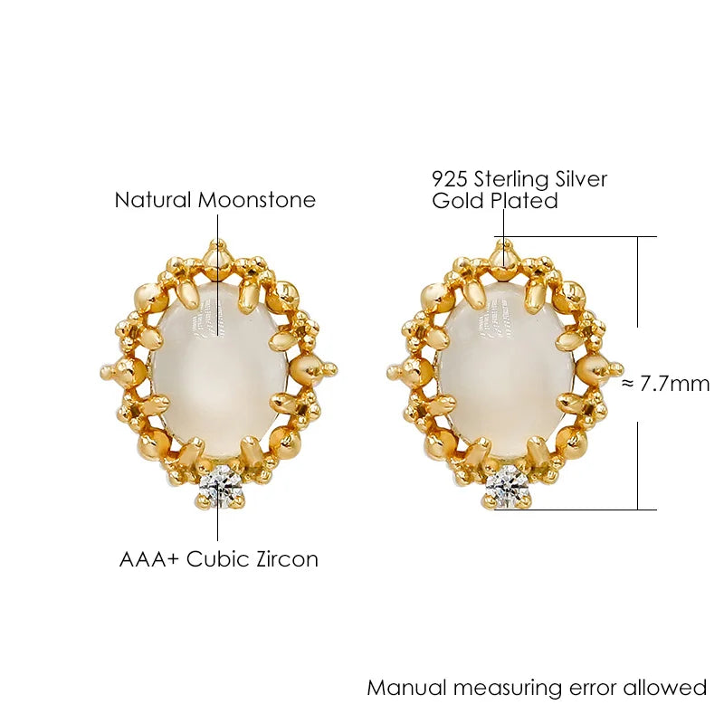 925 Sterling Silver Gold Plated Moonstone Stud Earrings for Women