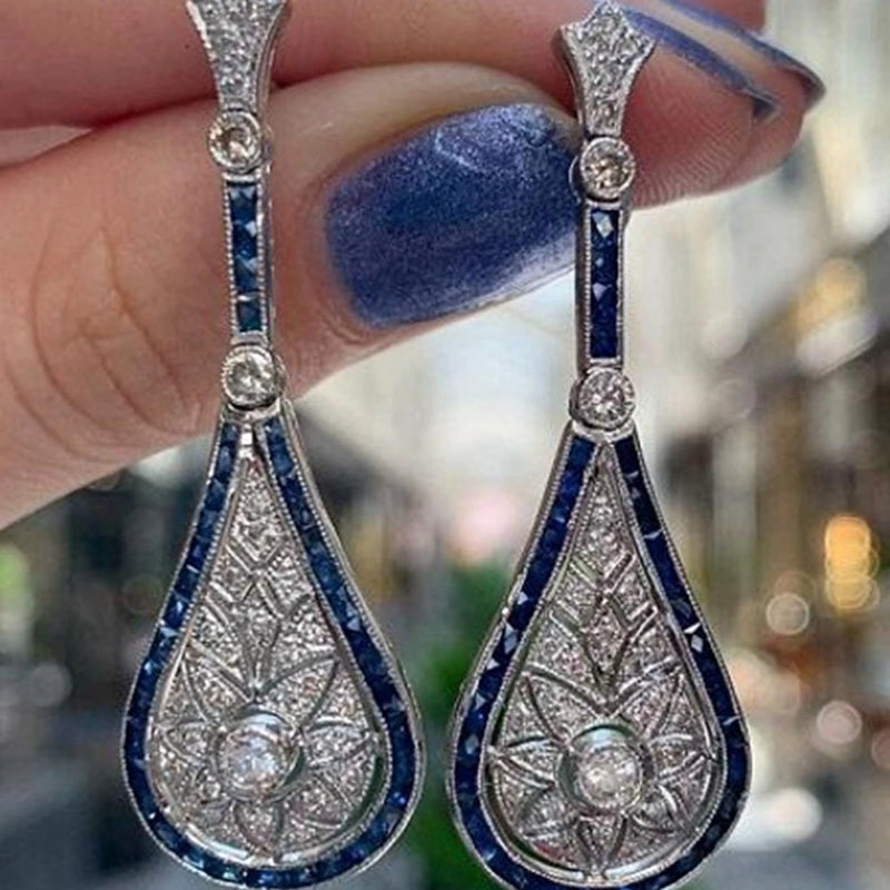 Sterling Silver Lab Sapphire High Carbon Diamond Gemstone Water Drop Earrings