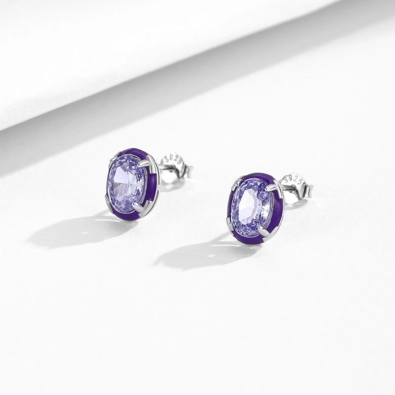 925 Sterling Silver Crushed Ice Oval Lavender Purple Enamel CZ Stud Earrings for Women