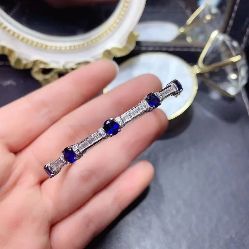 S925 Silver Natural Blue Sapphire Gemstone Bangles Bracelet for Women