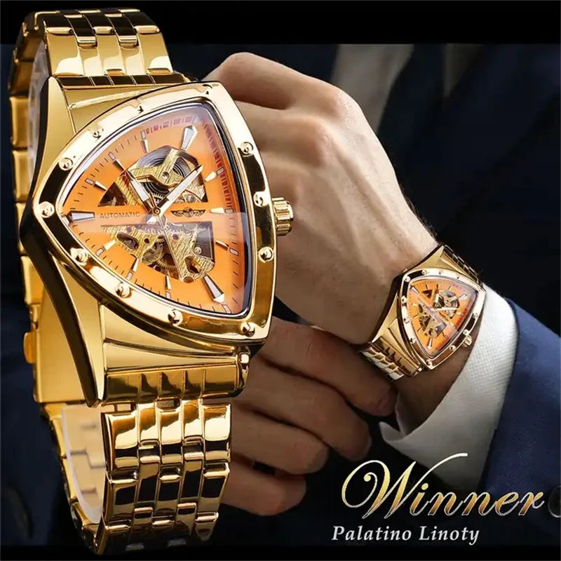 Golden Stainless Steel Skeleton Wrist Watch for Men