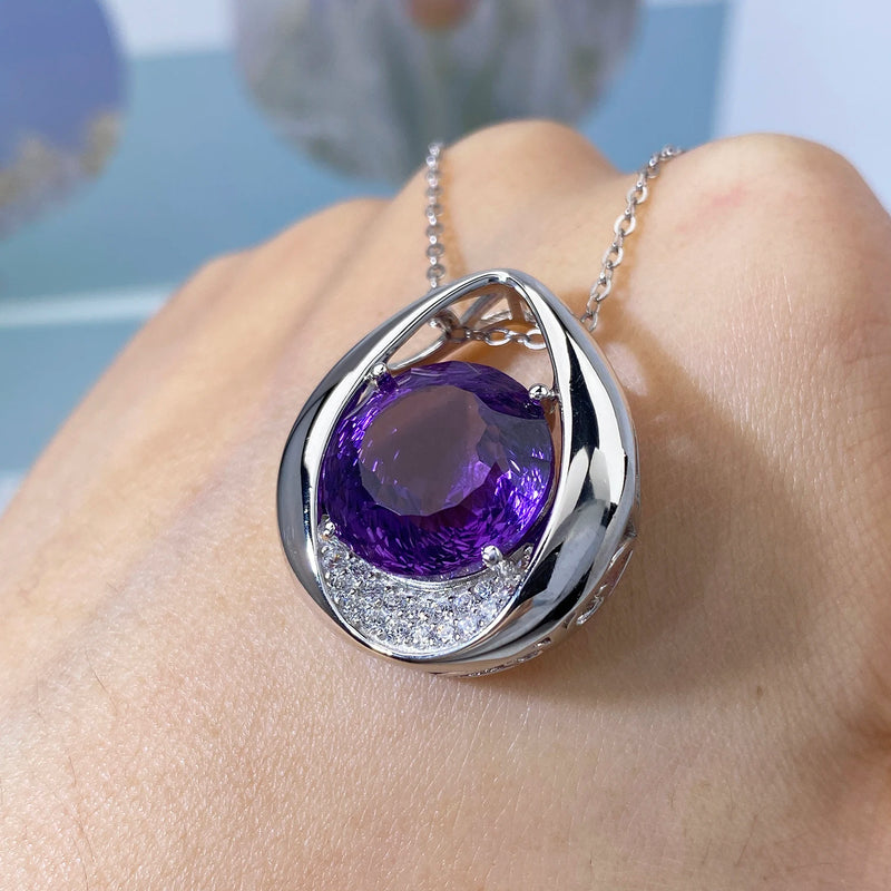 925 Sterling Silver Natural Amethyst Pendant Necklace for Women