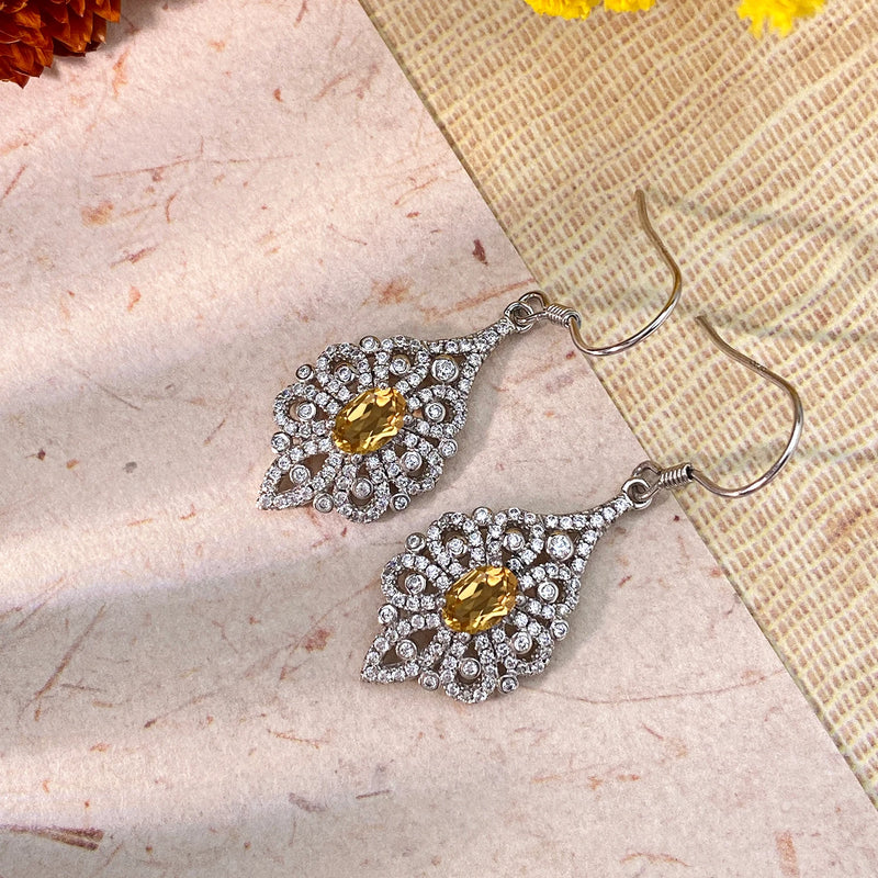 Sterling Silver Citrine Zircon Flower Drop Earrings for Women