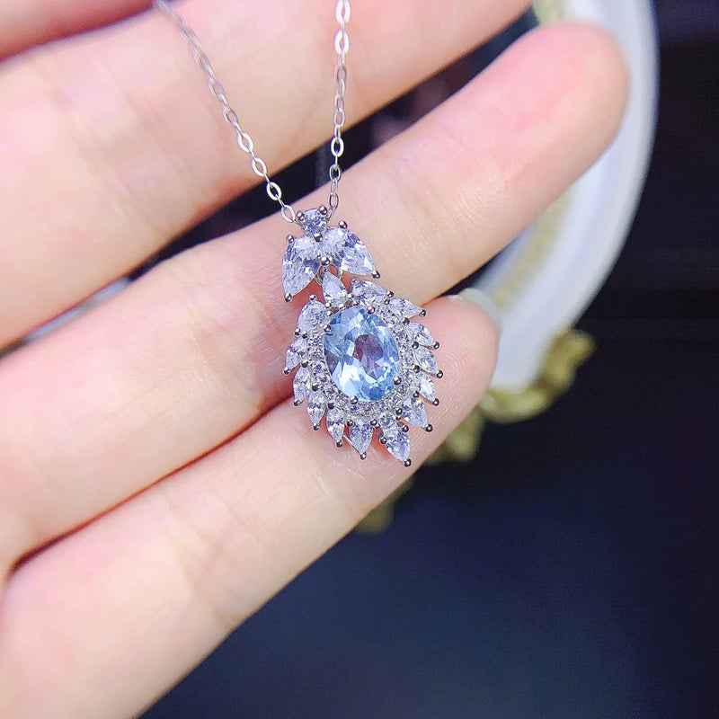 S925 Sterling Silver Aquamarine Pendant Necklace for Women