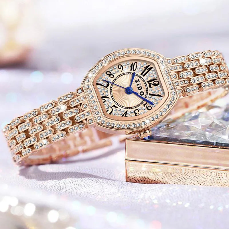 Silver Diamond-inlaid Barrel Shaped Digital Watch for Women