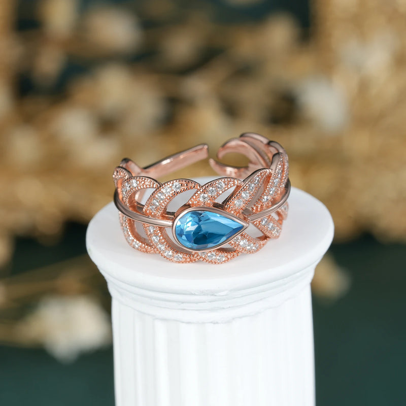 Rose Gold Plated Sterling Silver Swiss Blue Topaz Leaf Opening Ring for Women