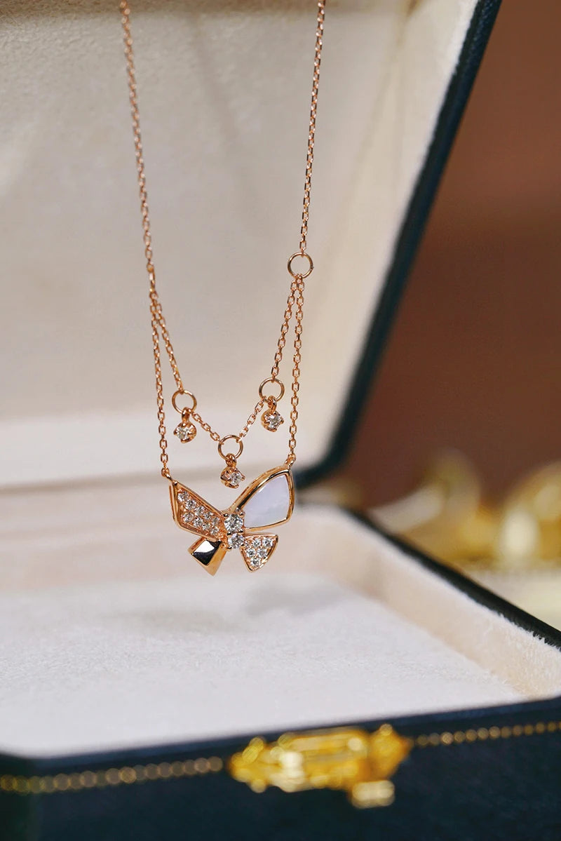 18K Rose Gold 0.30ct Natural Diamond Butterfly Pendant Necklace for Women