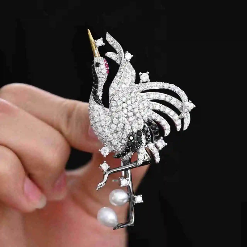 925 Sterling Silver Freshwater Pearl Diamond Crane Brooches for Engagement