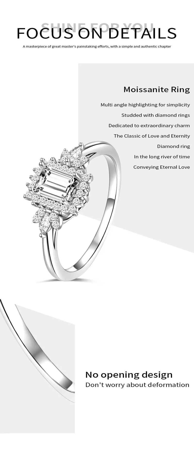 Sterling Silver Moissanite Emerald Cut Flower Engagement Wedding Ring. for Women.