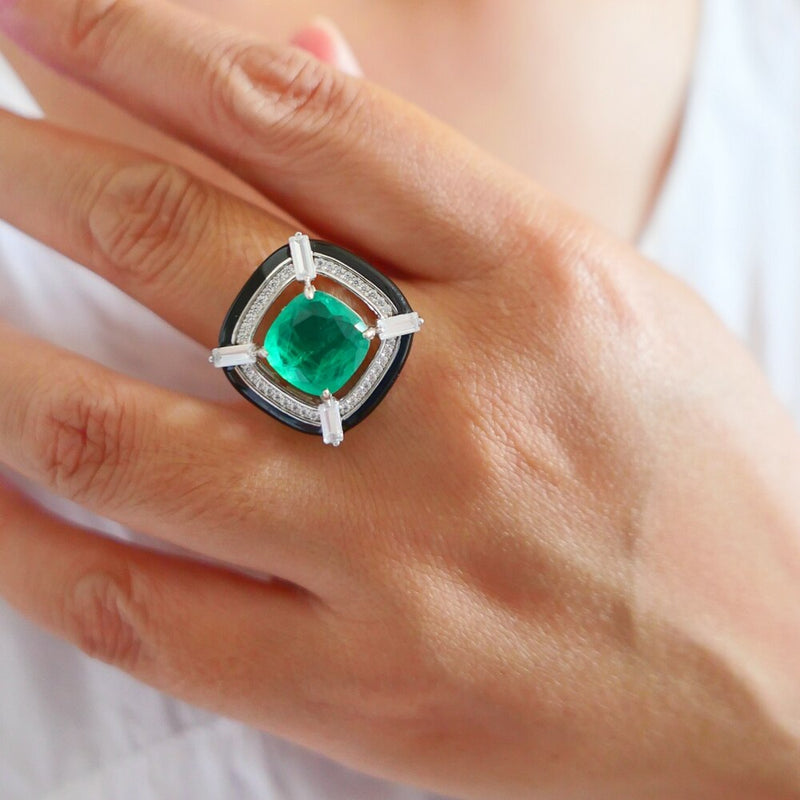 925 Sterling Silver Black Enamel Cushion Created Emerald Ring for Women