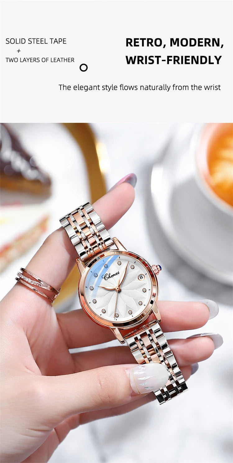 Stainless Steel Diamond Automatic Waterproof Luminous Calendar Watch for Men