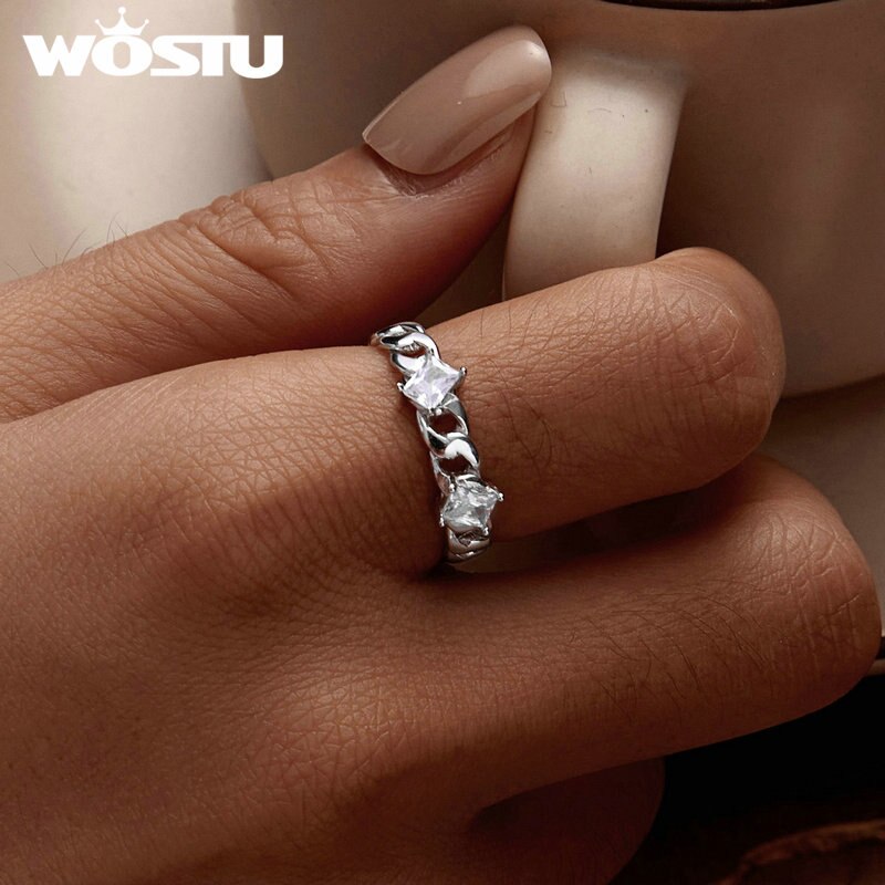 925 Sterling Silver Cuban Chain Ring with CZ for Women