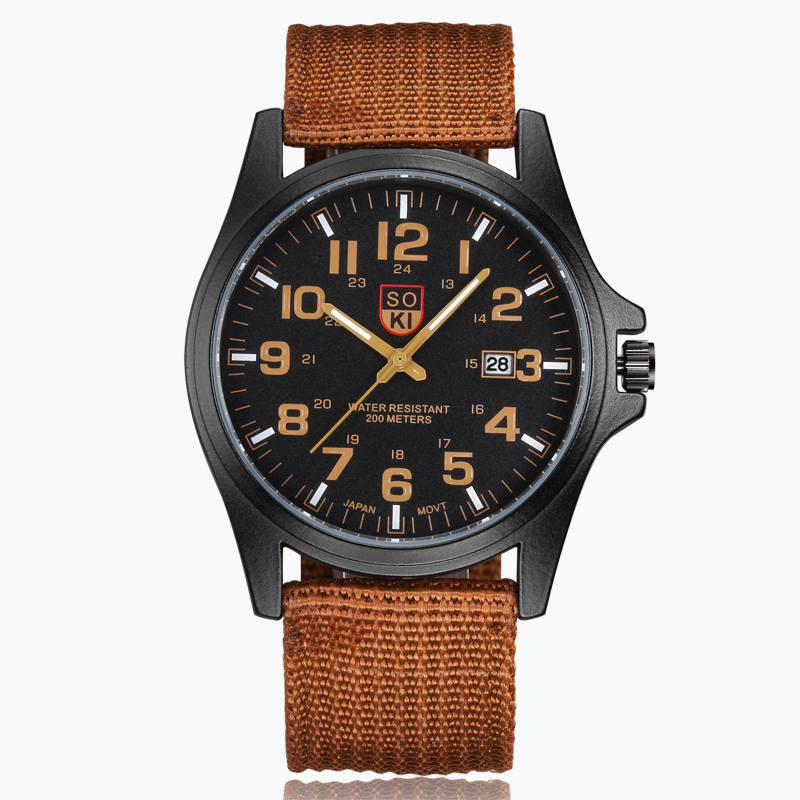 Stainless Steel Nylon Brown Round Glass Dial Date Watch for Men