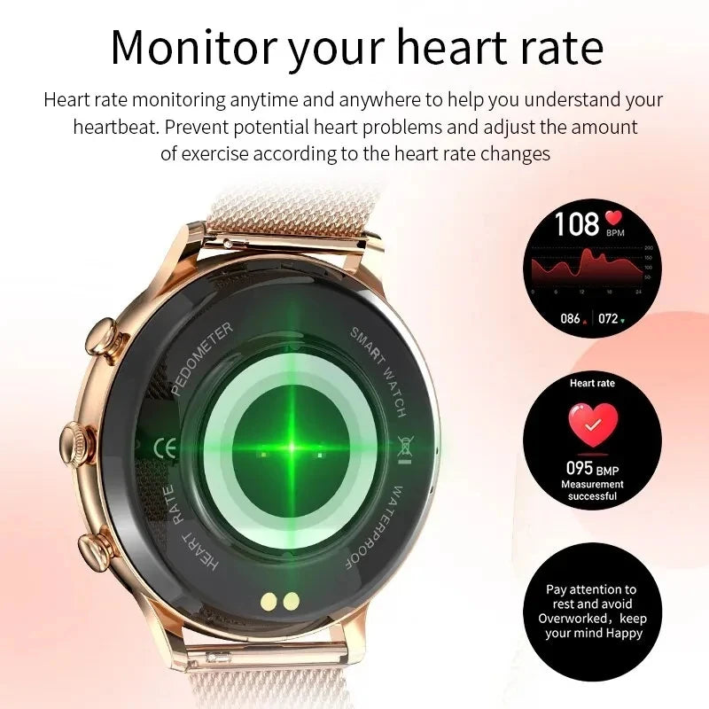 Stainless Steel Smart Watch with Bluetooth Calling, Heart Rate, and Blood Oxygen Monitoring for Women