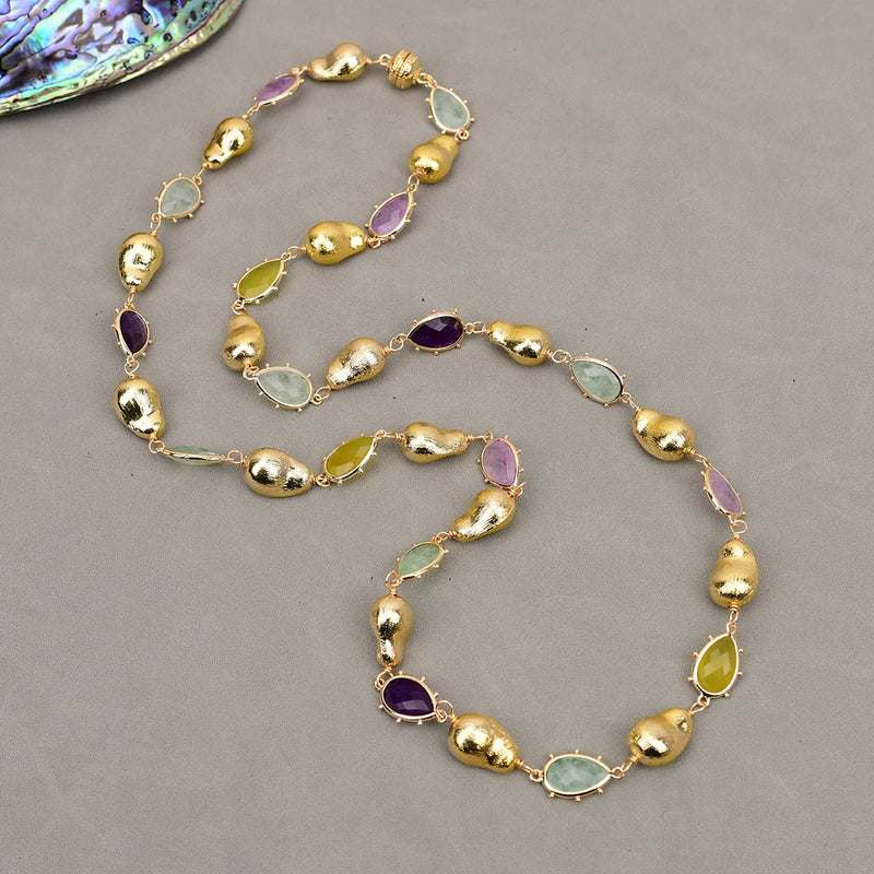 Sterling Silver Natural Fluorite, Lemon Quartz, Amethyst & Jade Long Necklace for Women