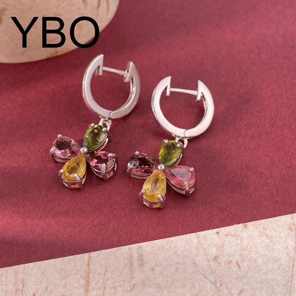 925 Sterling Silver Natural Color Tourmaline Flower Earrings for Women