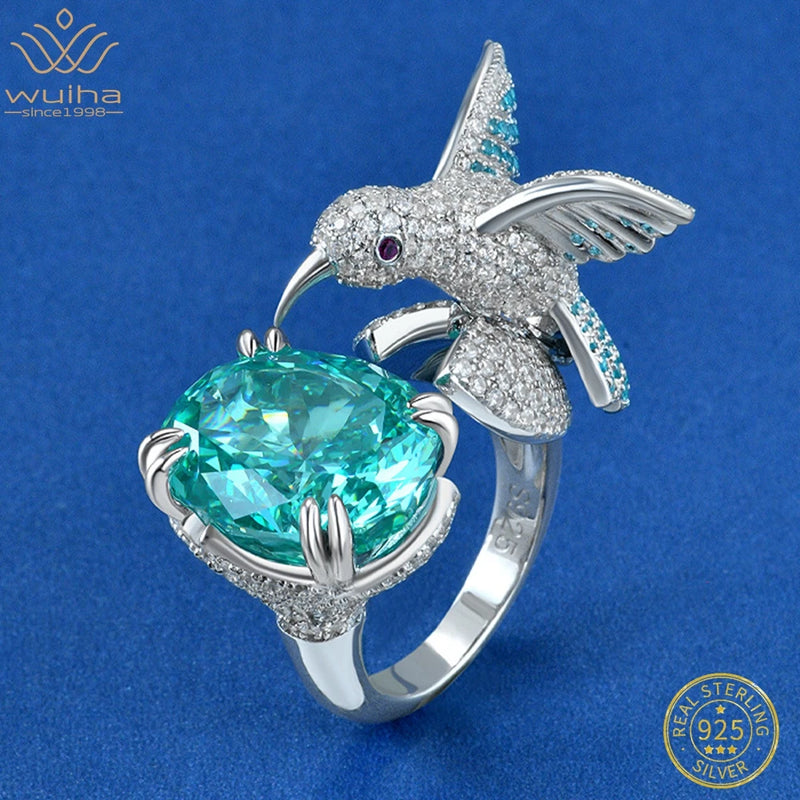 Sterling Silver 6CT Paraiba Tourmaline and Moissanite Hummingbird Ring for Women