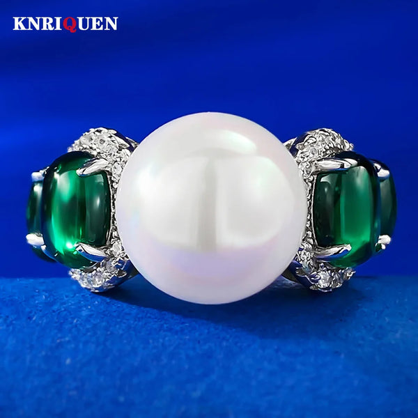 Solid 925 Silver Round Pearl & Emerald Ring for Women