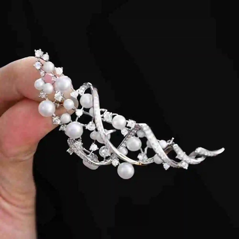 925 Sterling Silver Freshwater Pearl, Sapphire, Diamond Leaves Brooches for Engagement