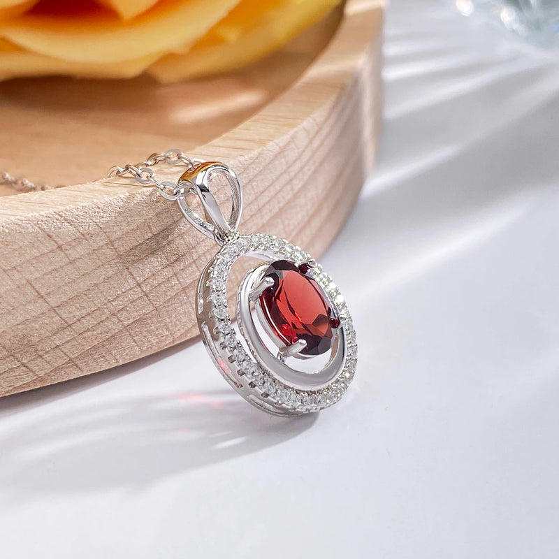 925 Sterling Silver Oval Red Garnet Pendant Necklace for Women