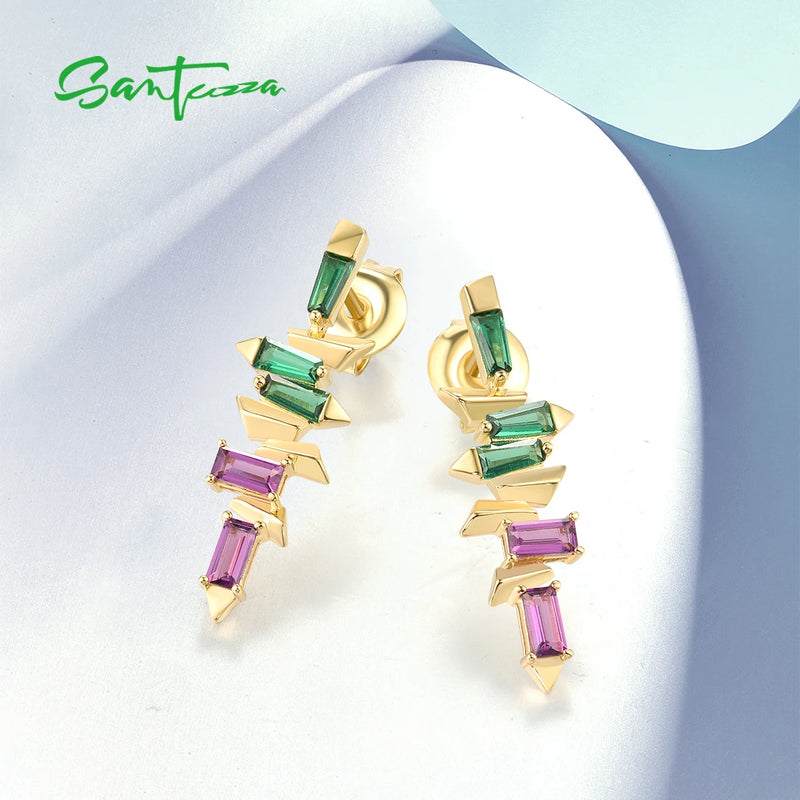 Sterling Silver Earrings with Green Purple Spinel for Women