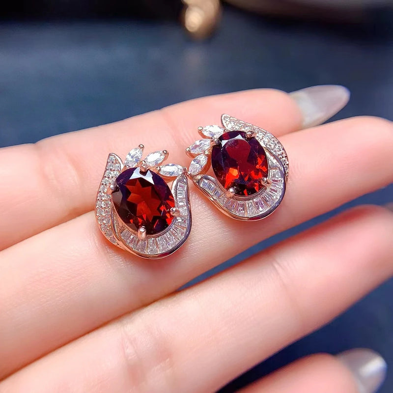 925 Sterling Silver Garnet Flower Jewelry Set for Women