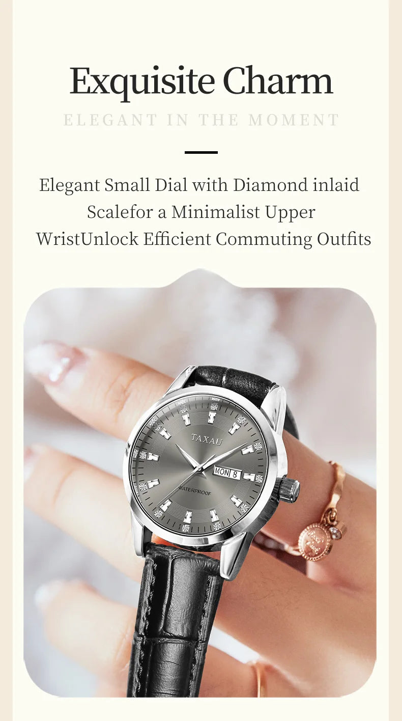 Stainless Steel Leather Casual Elegant Watch with Luminous Calendar, Waterproof for Women