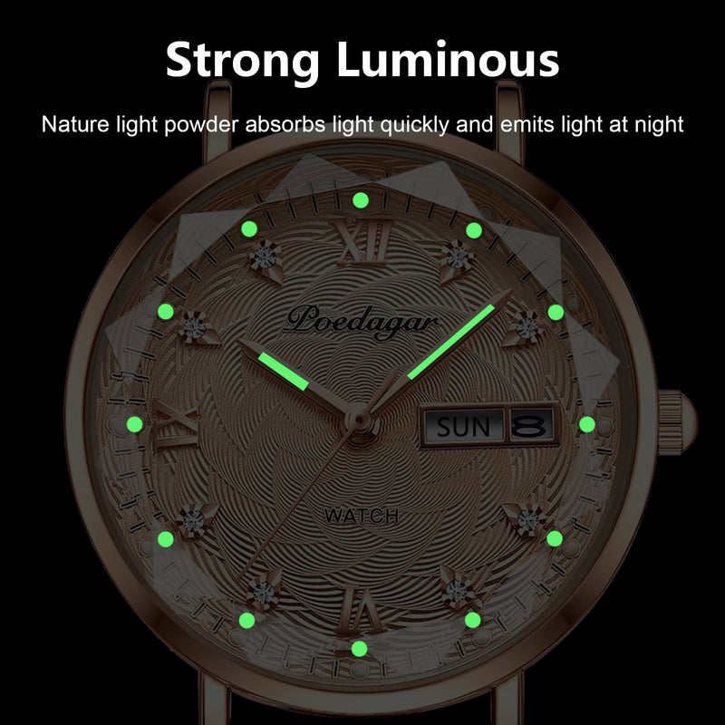 Stainless steel Luminous Quartz Date Week Waterproof Watch for women