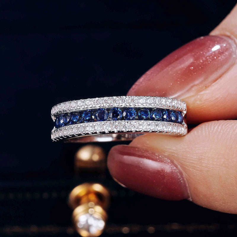 Sterling Silver White Blue Sapphire Eternity Wedding Ring for Women