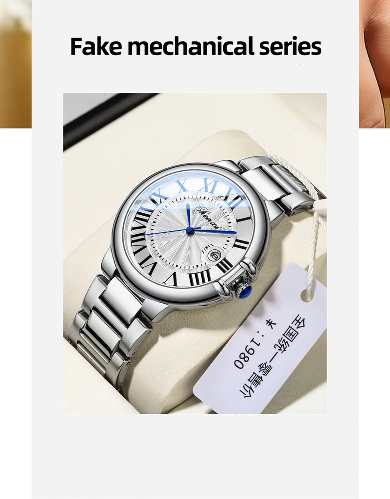 Stainless Steel Silver Waterproof Luminous Quartz Calendar Watch for Men