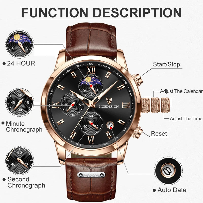 Luxury Men's Fashion Watch with Leather Strap and Waterproof Chronograph Features