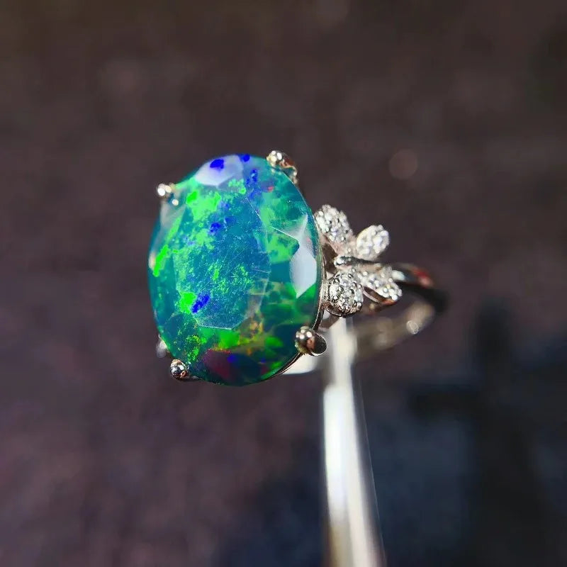 925 Sterling Silver Black Opal Engagement Ring for Women