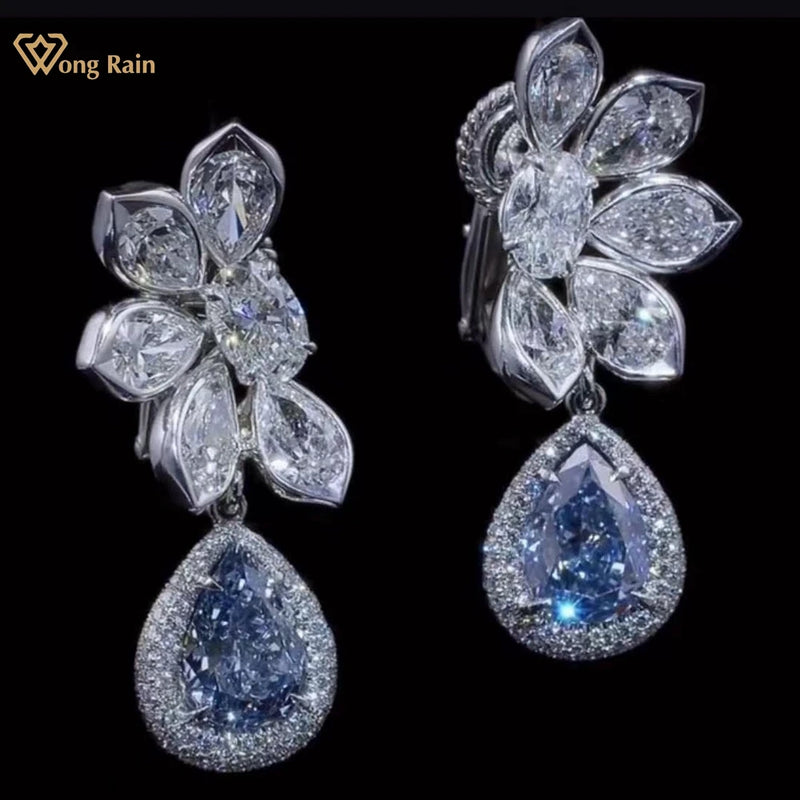 925 Sterling Silver Crushed Ice Cut Sparkling Pear Sapphire Gemstone Drop Earrings for Women