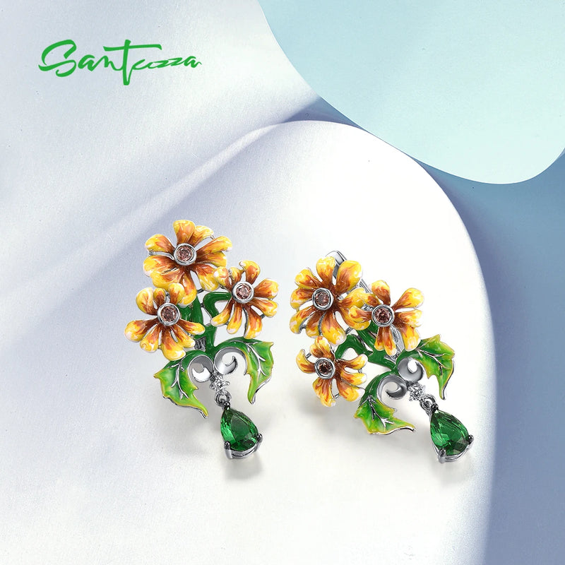 925 Sterling Silver Green Enamel Flower Drop Earrings for Women