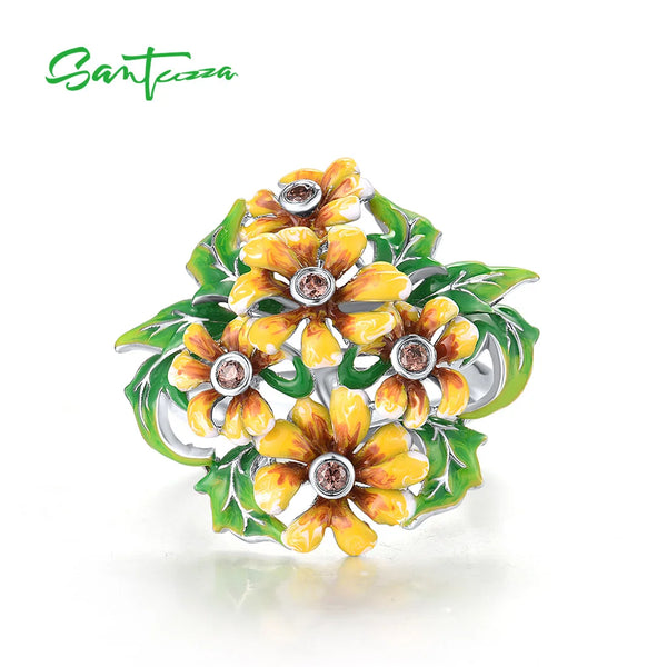 925 Sterling Silver Enamel Flower Ring for Women