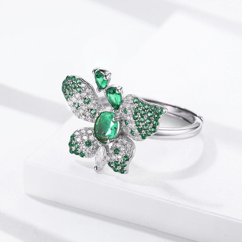 925 Sterling Silver Adjustable Emerald Butterfly Ring for Women