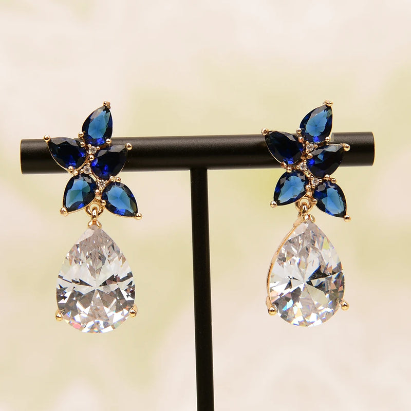 Gold Plated Blue Crystal Water Drop Earrings with Cubic Zirconia for Women