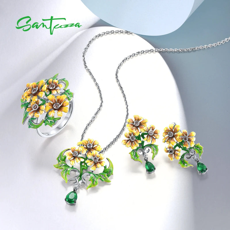 925 Sterling Silver Green Enamel Yellow Flower Jewelry Set for Women