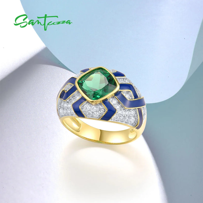 925 Sterling Silver Green Spinel Enamel Ring for Women